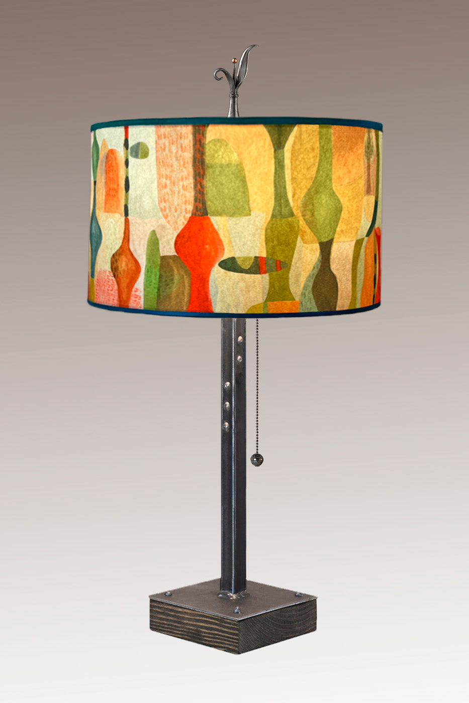 Janna Ugone & Co Table Lamp Steel Table Lamp on Wood with Large Drum Shade in Riviera in Poppy