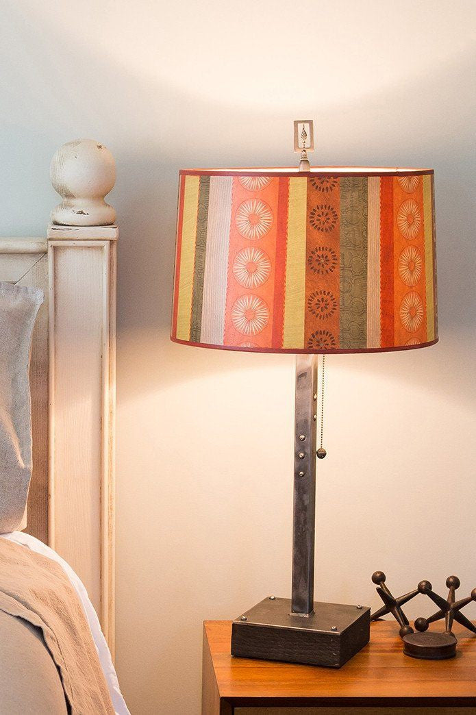Steel Table Lamp on Wood with Large Drum Shade in Serape 