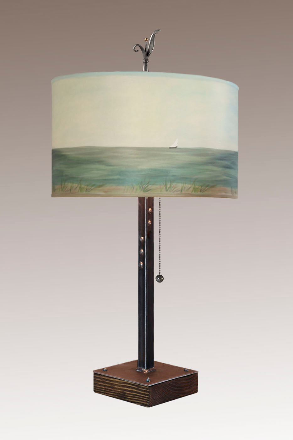 Janna Ugone & Co Table Lamps Steel Table Lamp on Wood with Large Drum Shade in Shore