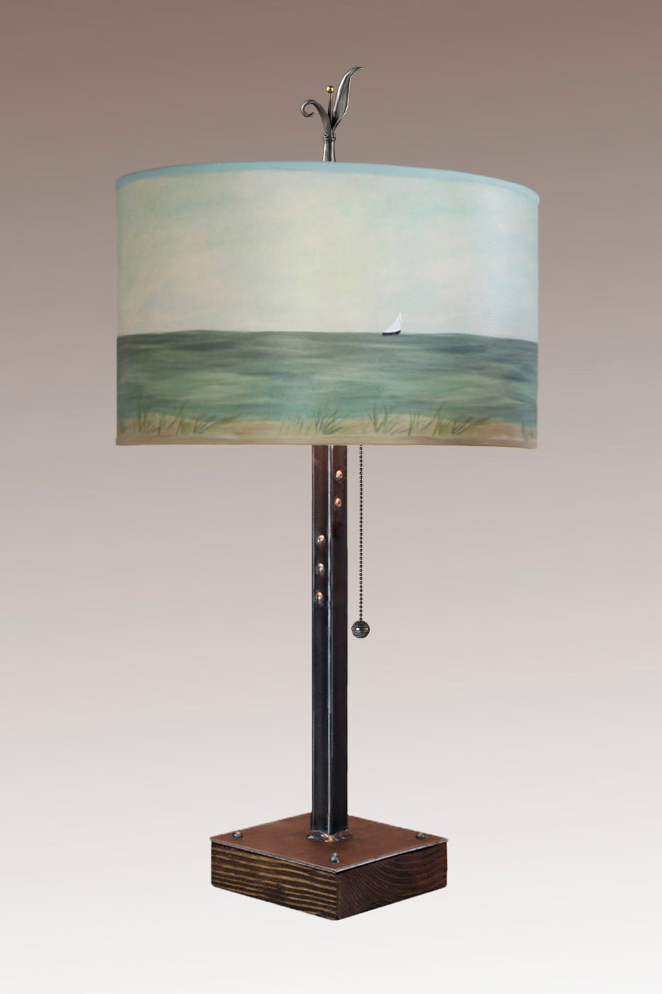 Janna Ugone & Co Table Lamps Steel Table Lamp on Wood with Large Drum Shade in Shore