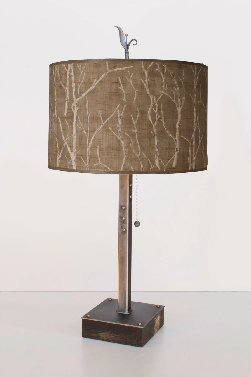 Steel Table Lamp on Wood with Large Drum Shade in Twigs