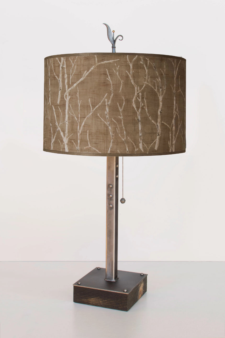 Janna Ugone & Co Table Lamps Steel Table Lamp on Wood with Large Drum Shade in Twigs