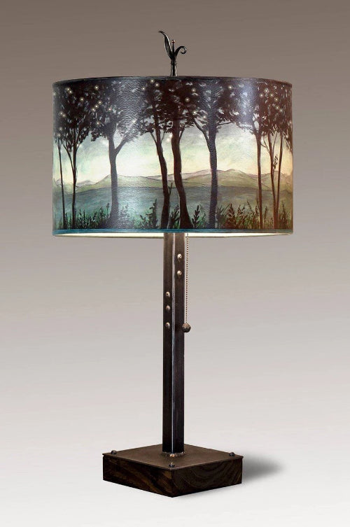 Janna Ugone &amp; Co Table Lamps Steel Table Lamp on Wood with Large Drum Shade in Twilight