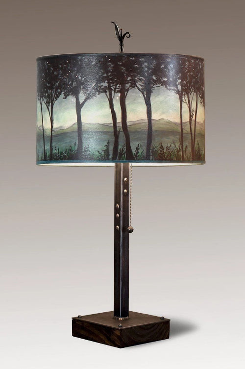Steel Table Lamp on Wood with Large Drum Shade in Twilight