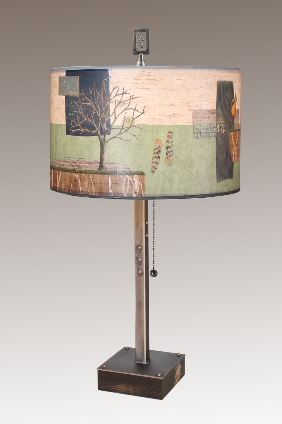 Janna Ugone & Co Table Lamps Steel Table Lamp on Wood with Large Drum Shade in Wander in Field