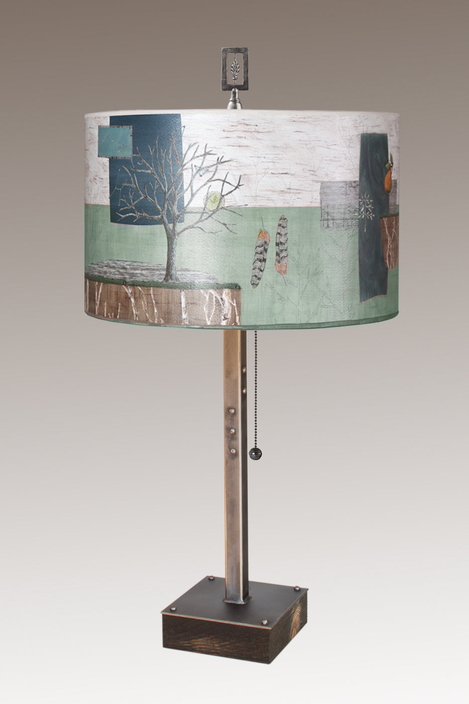 Janna Ugone & Co Table Lamps Steel Table Lamp on Wood with Large Drum Shade in Wander in Field