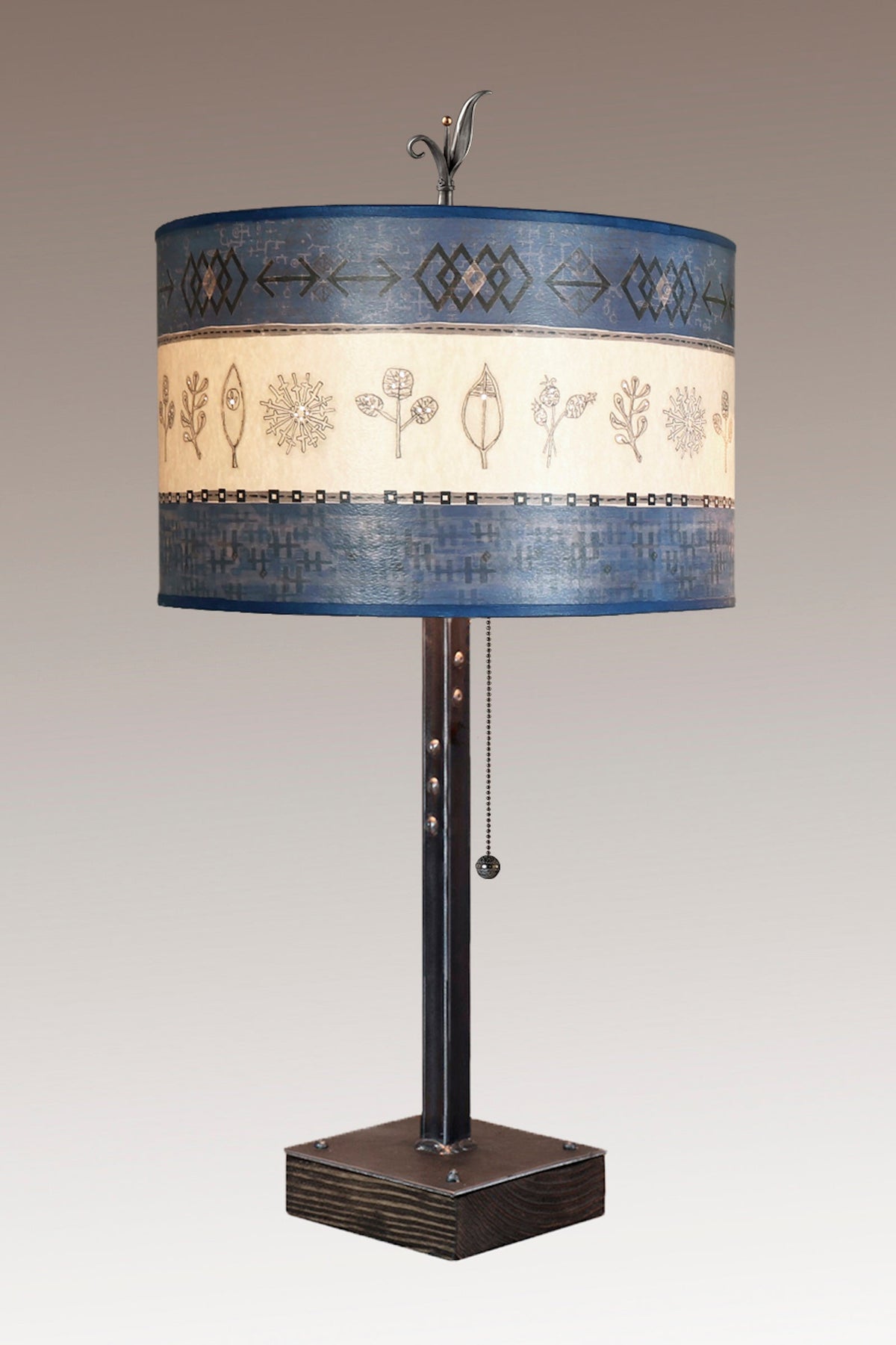 Janna Ugone &amp; Co Table Lamps Steel Table Lamp on Wood with Large Drum Shade in Woven &amp; Sprig in Sapphire