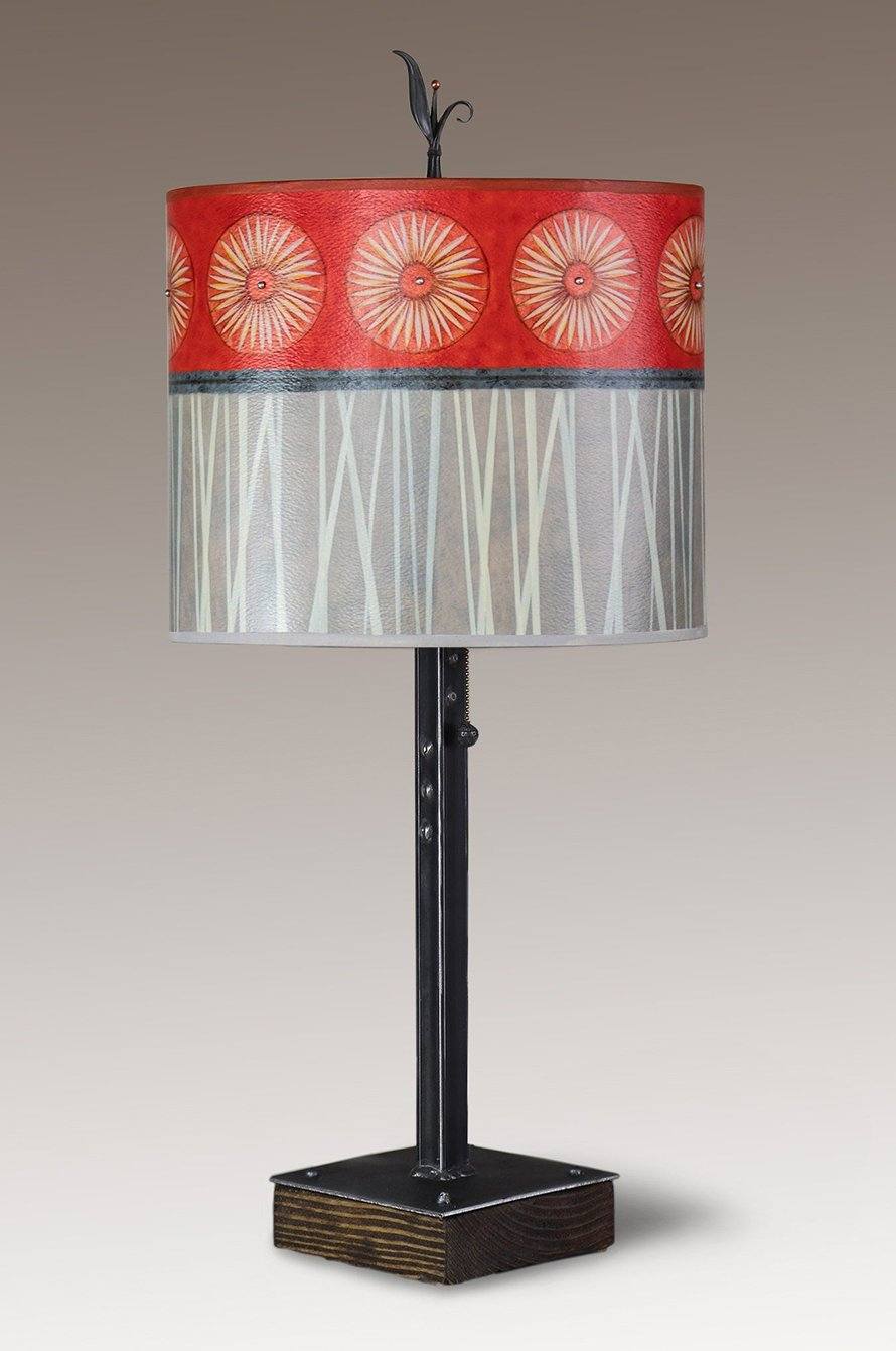Steel Table Lamp on Wood with Large Oval Shade in Tang