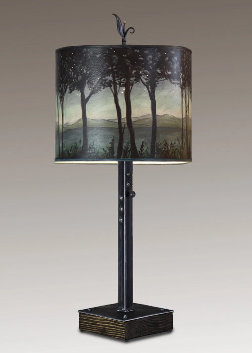Steel Table Lamp on Wood with Large Oval Shade in Twilight