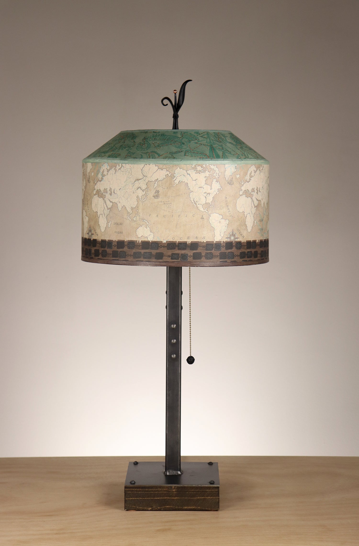 Janna Ugone & Co Table Lamps Steel Table Lamp on Wood with Medium Canopy Shade in Voyages