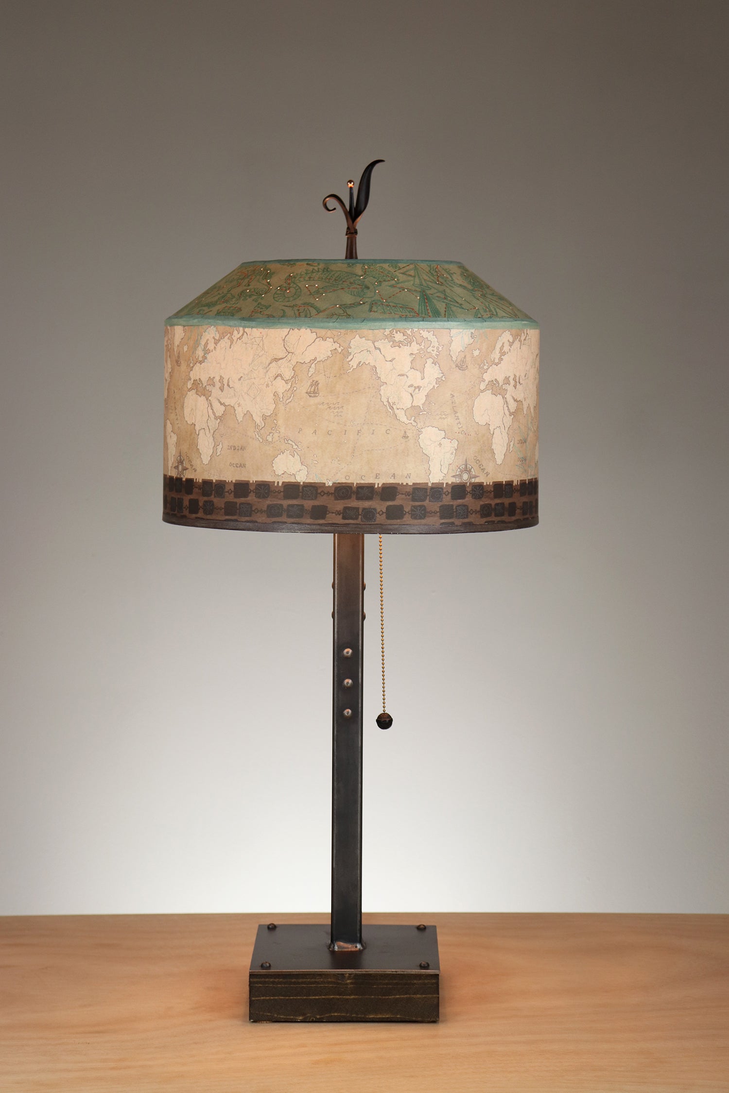 Janna Ugone & Co Table Lamps Steel Table Lamp on Wood with Medium Canopy Shade in Voyages