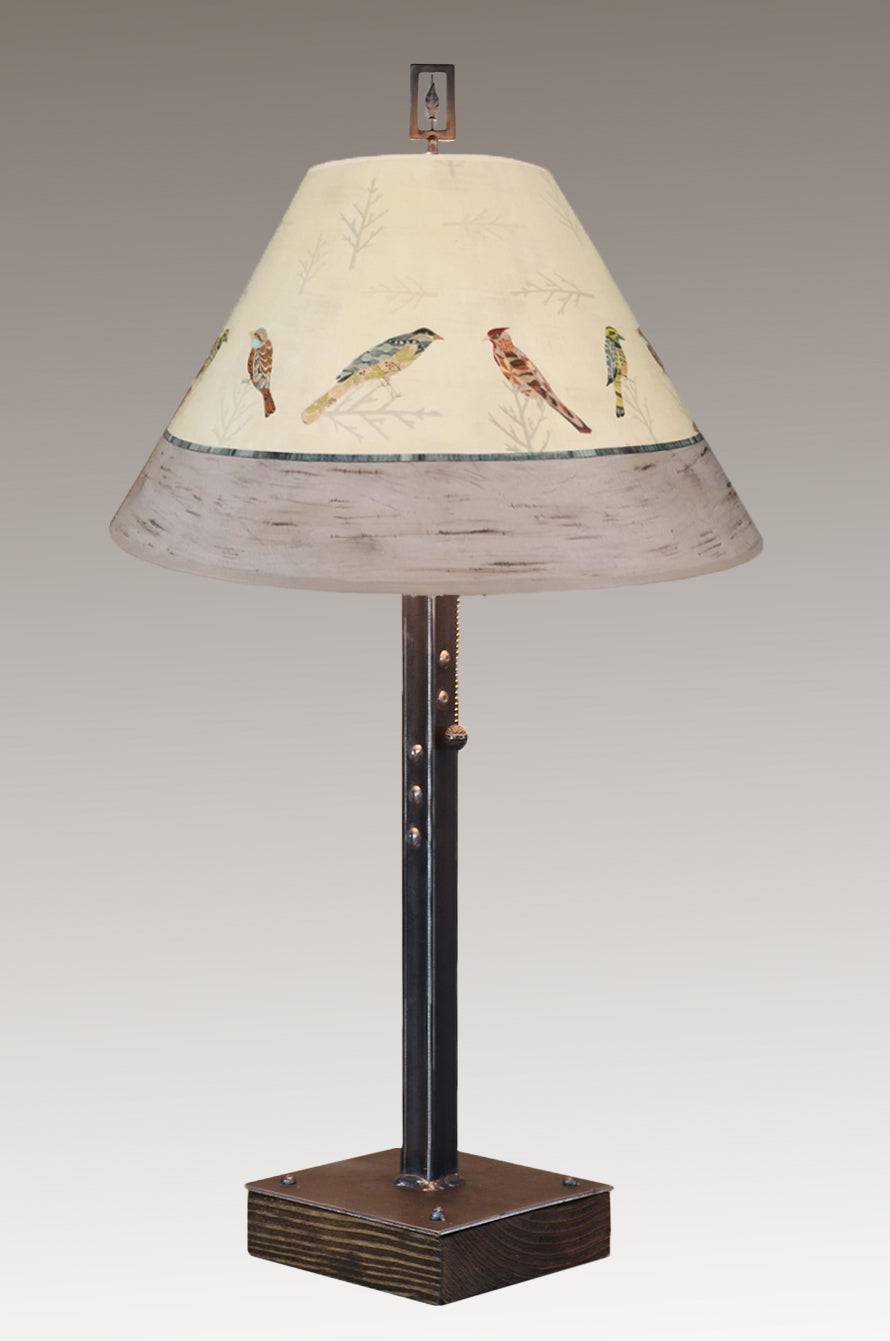Janna Ugone &amp; Co Table Lamps Steel Table Lamp on Wood with Medium Conical Shade in Bird Friends