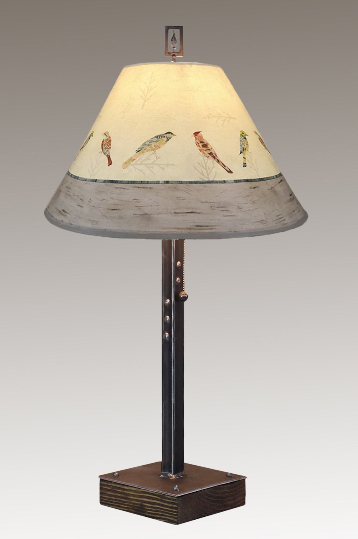 Steel Table Lamp on Wood with Medium Conical Shade in Bird Friends