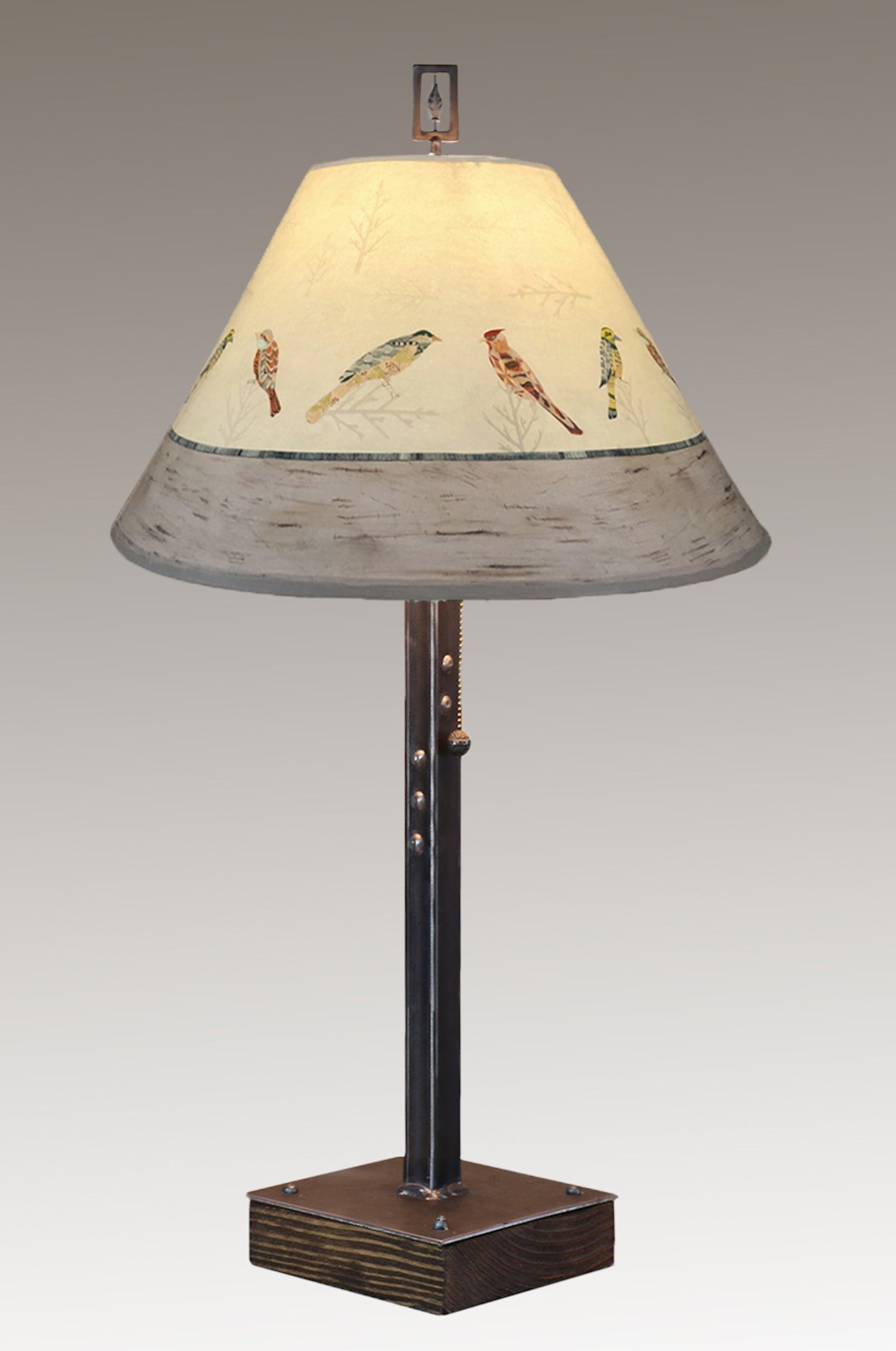 Janna Ugone & Co Table Lamps Steel Table Lamp on Wood with Medium Conical Shade in Bird Friends