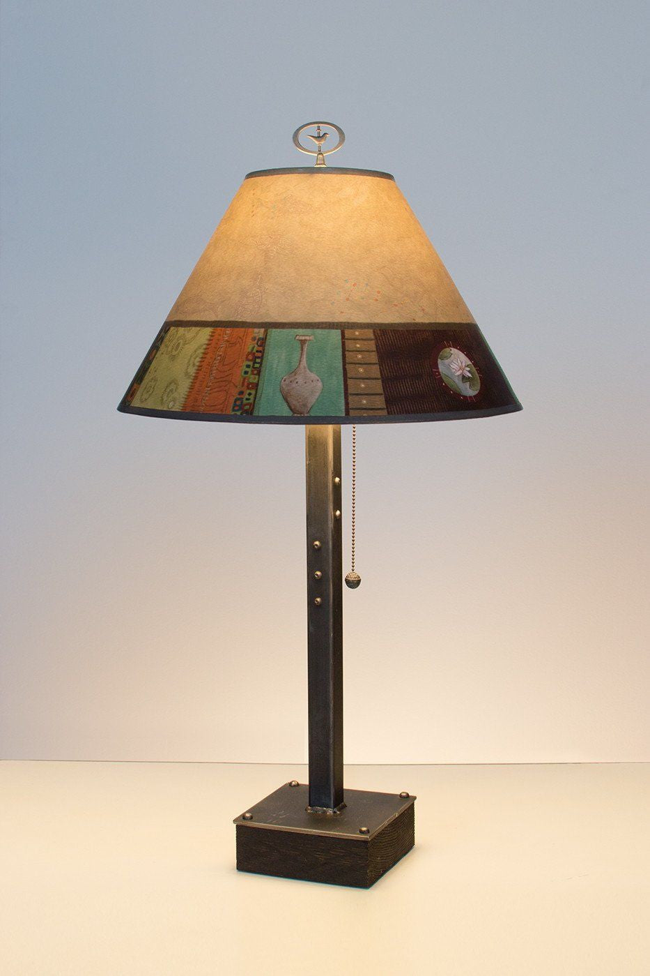 Janna Ugone & Co Table Lamps Steel Table Lamp on Wood with Medium Conical Shade in Linen Match