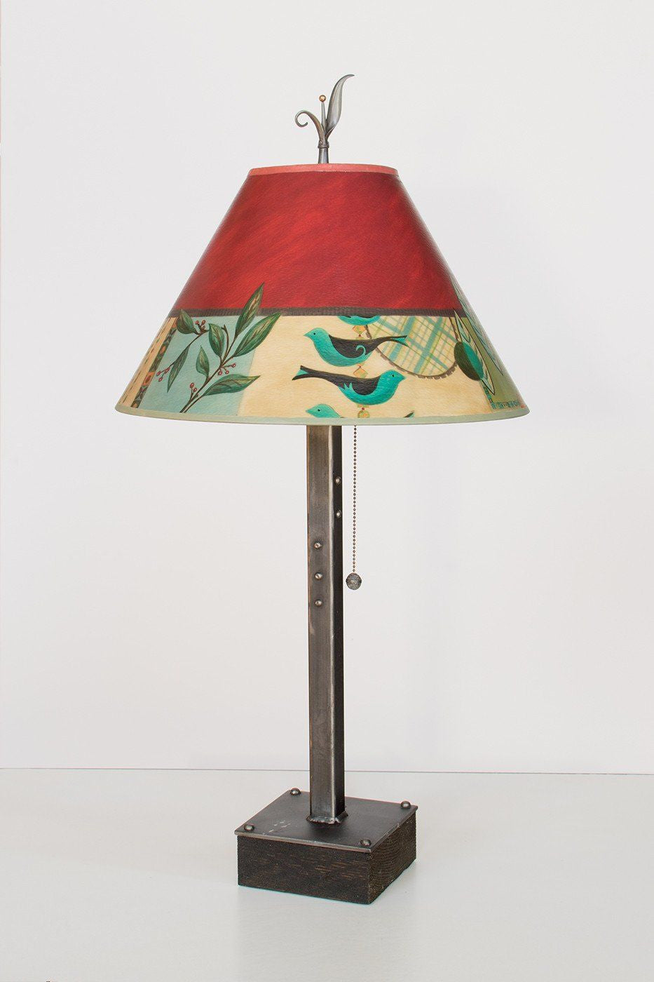 Steel Table Lamp on Wood with Medium Conical Shade in New Capri - Lit