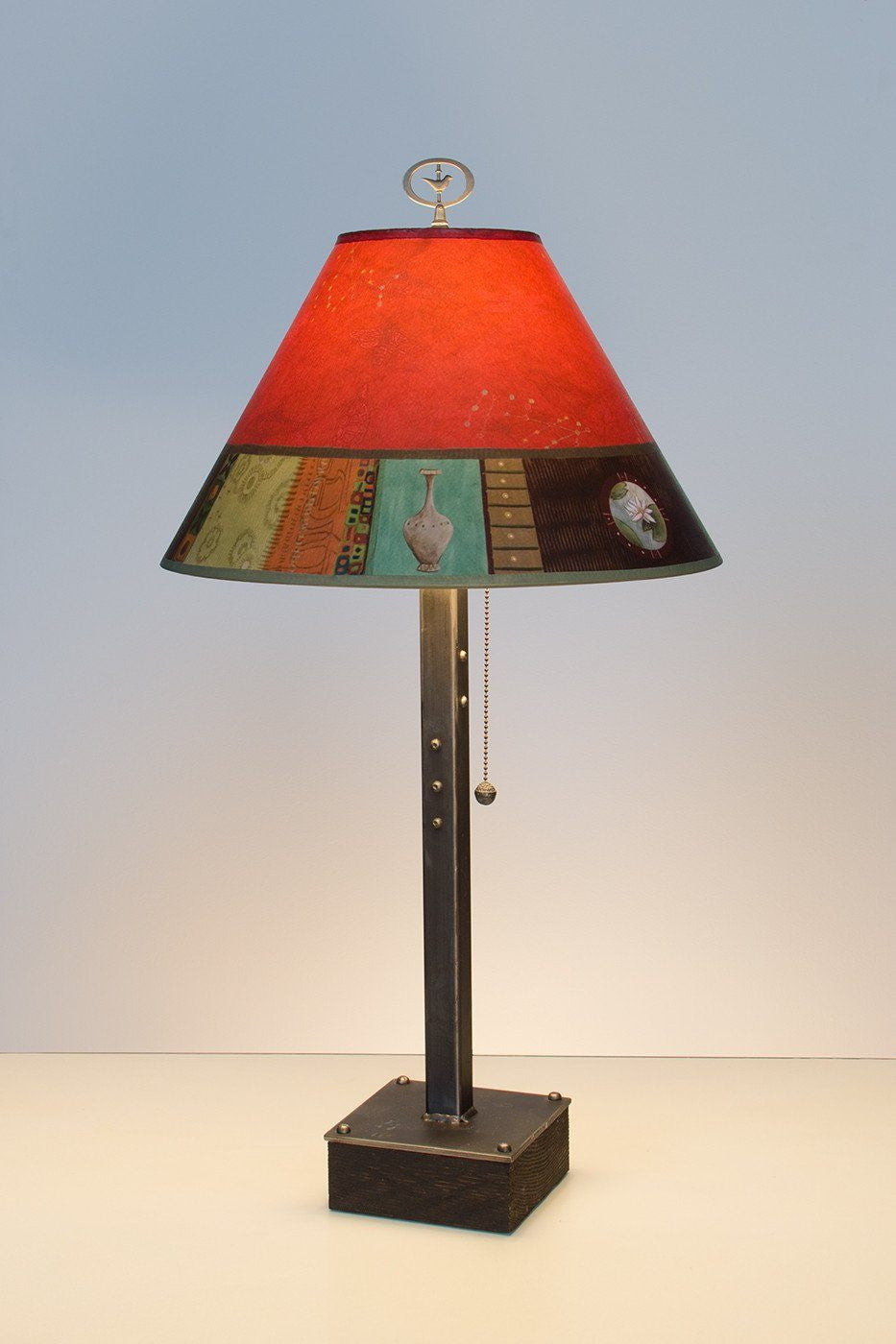 Steel Table Lamp on Wood with Medium Conical Shade in Red Match - Lit