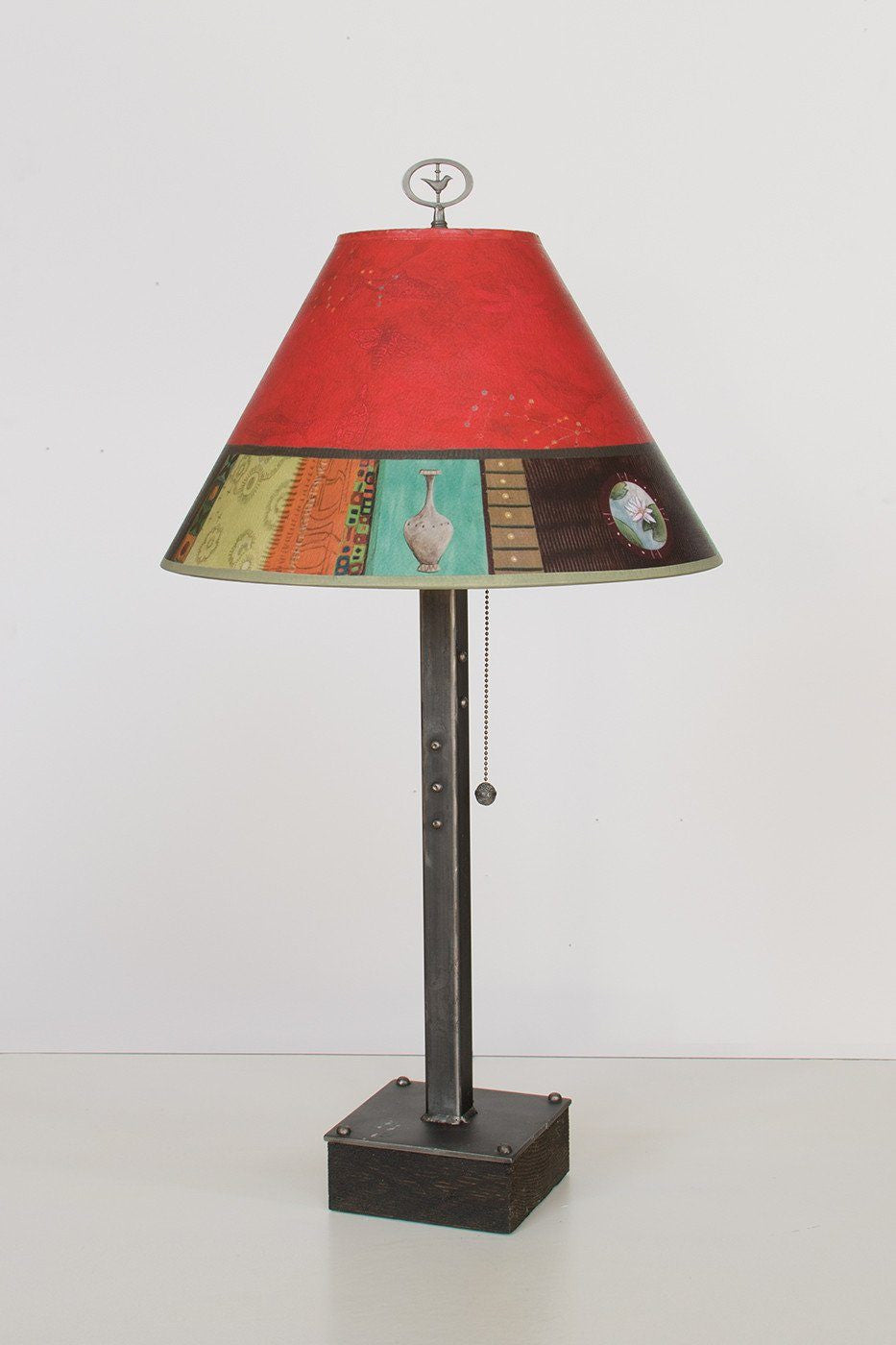 Steel Table Lamp on Wood with Medium Conical Shade in Red Match