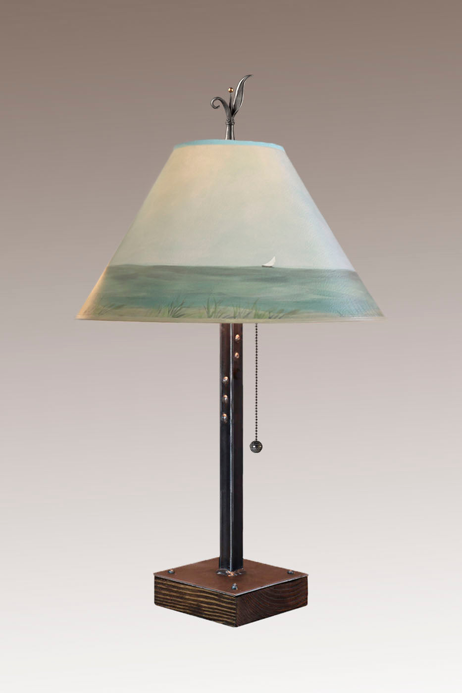 Steel Table Lamp on Wood with Medium Conical Shade in Shore