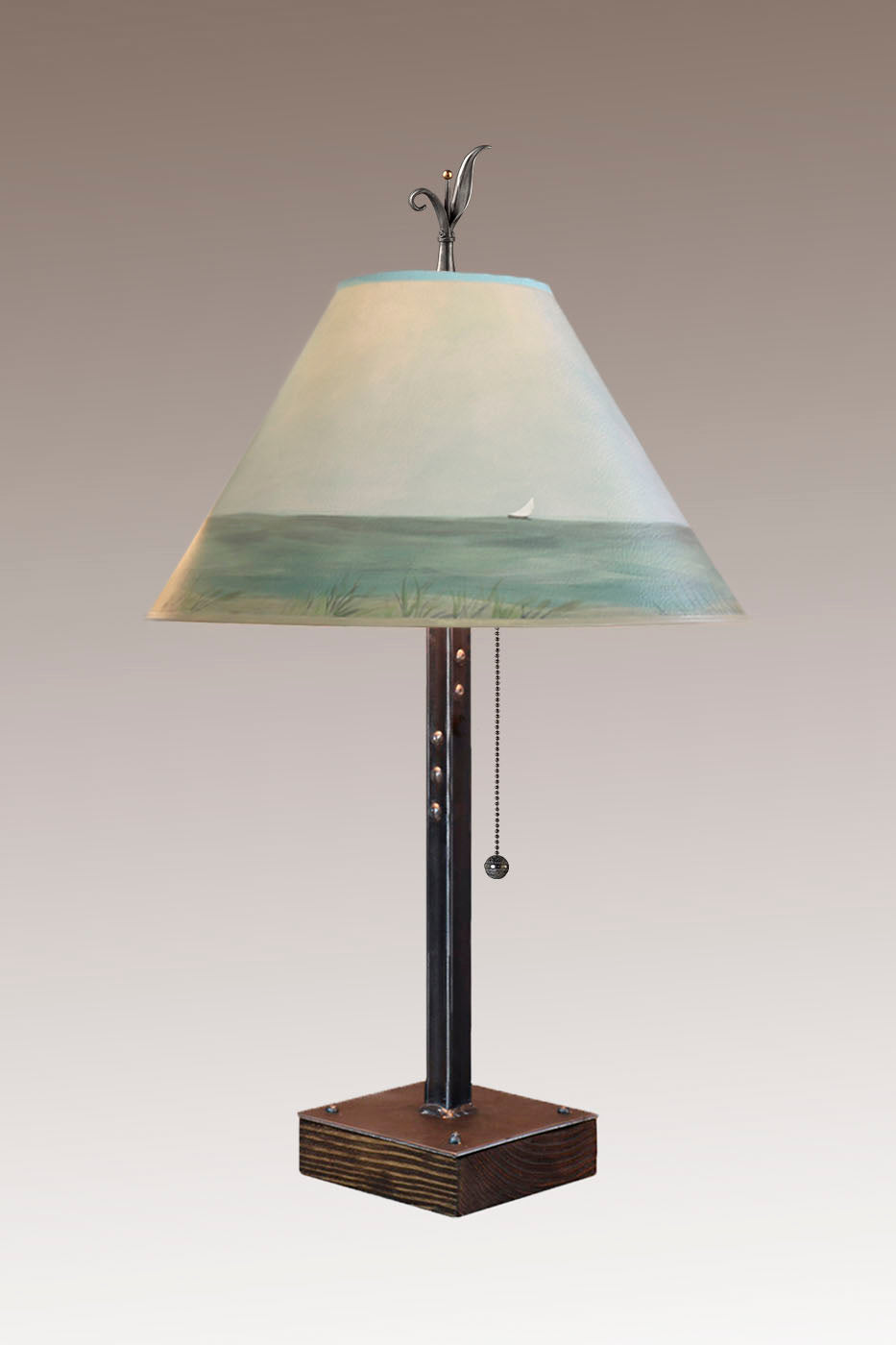 Janna Ugone & Co Table Lamps Steel Table Lamp on Wood with Medium Conical Shade in Shore