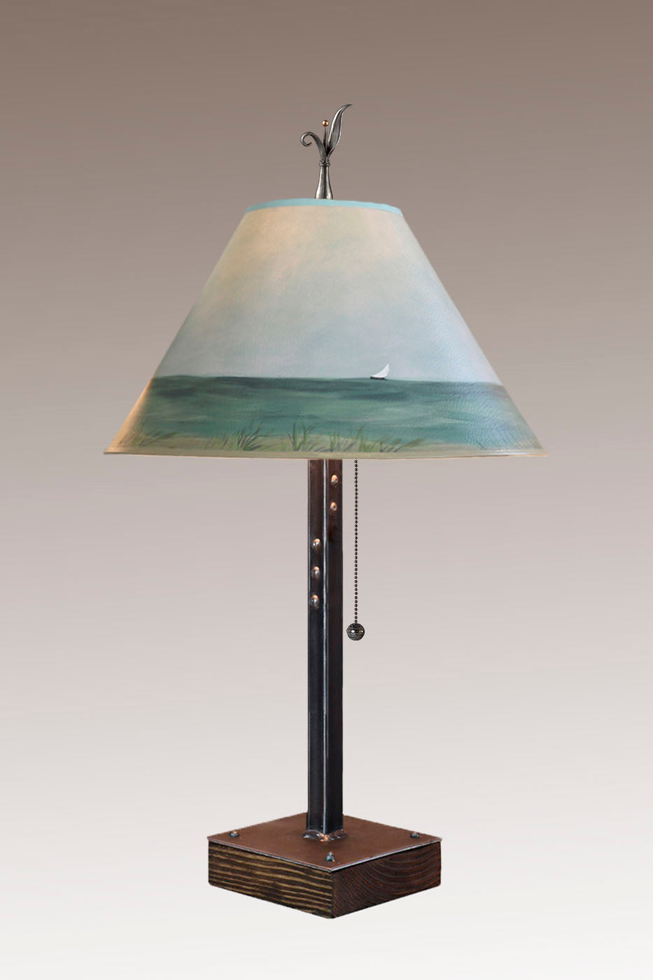 Steel Table Lamp on Wood with Medium Conical Shade in Shore