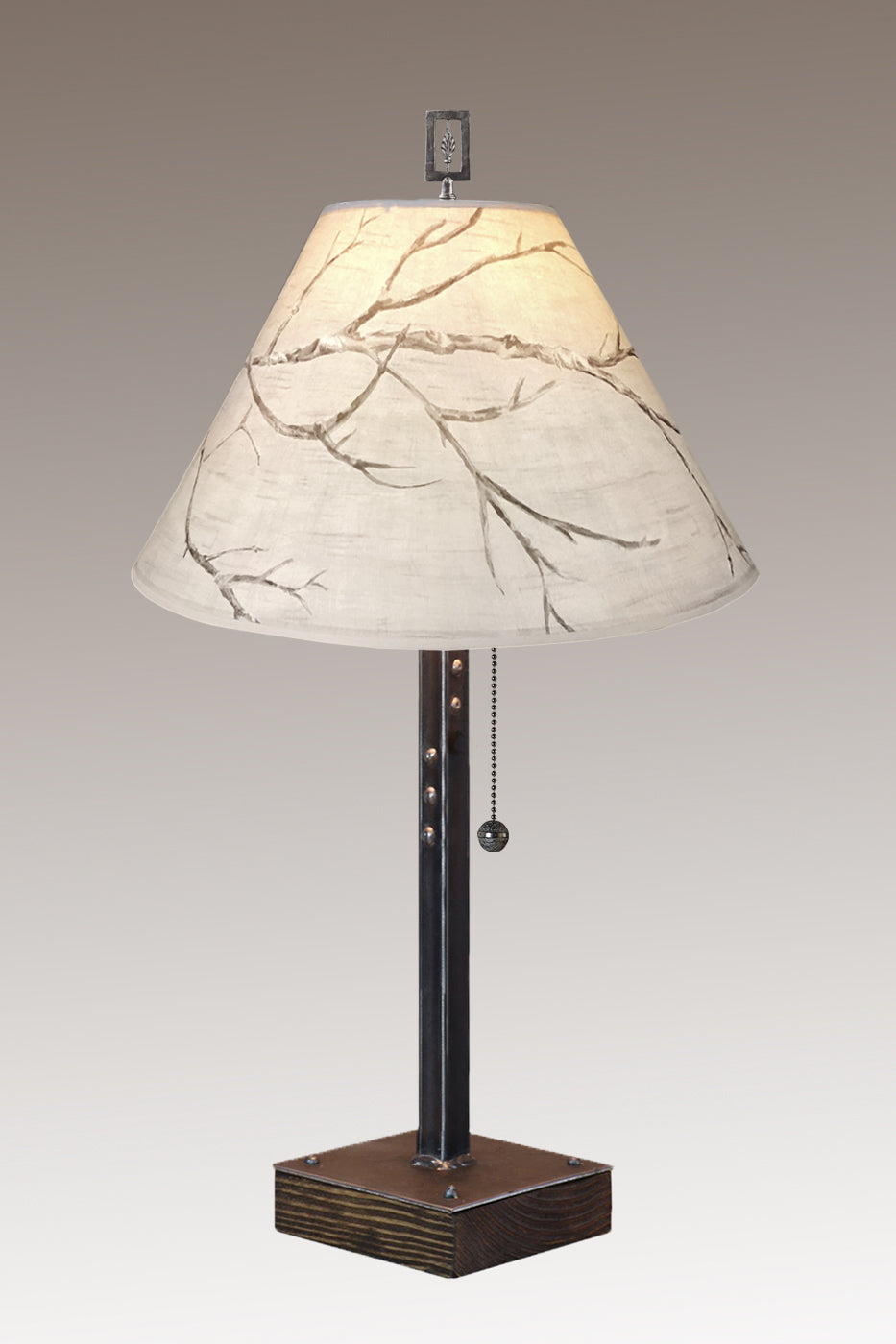 Steel Table Lamp on Wood with Medium Conical Shade in Sweeping Branch