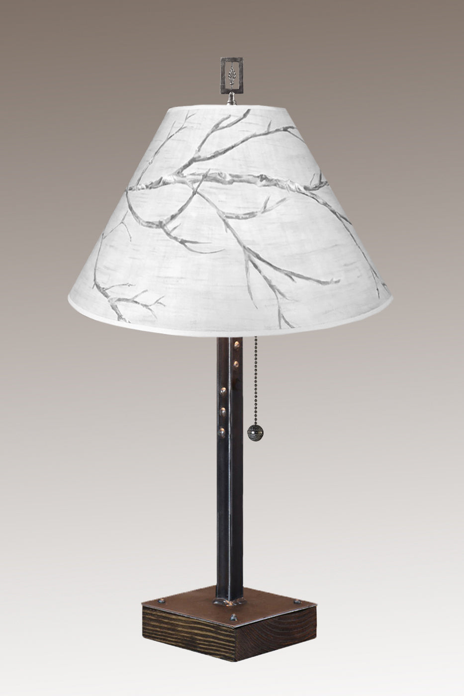 Janna Ugone & Co Table Lamps Steel Table Lamp on Wood with Medium Conical Shade in Sweeping Branch