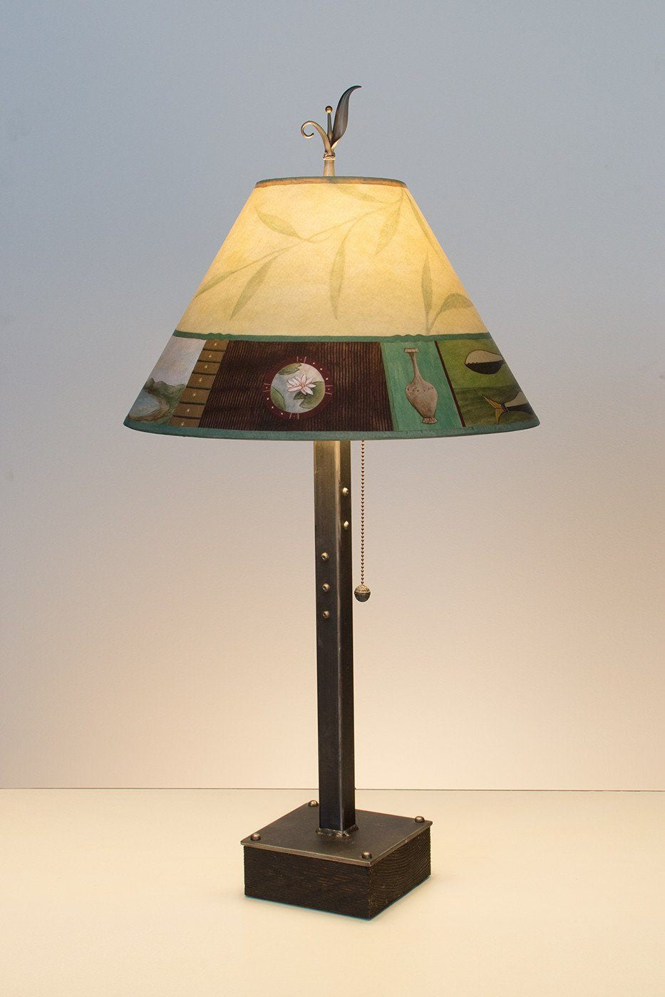 Steel Table Lamp on Wood with Medium Conical Shade in Twin Fish Lit