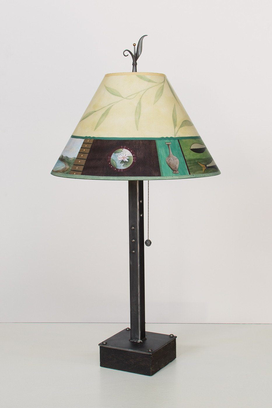 Steel Table Lamp on Wood with Medium Conical Shade in Twin Fish