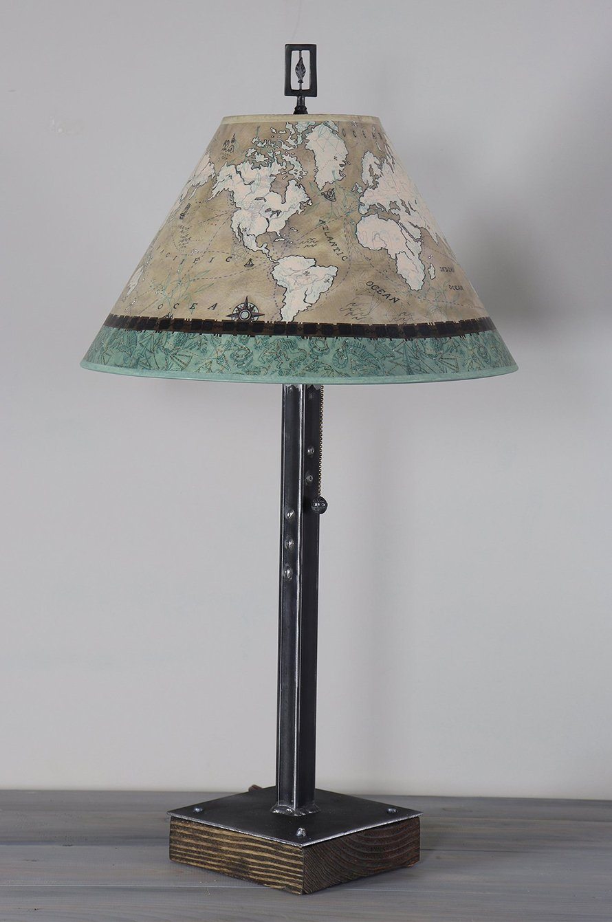 Steel Table Lamp on Wood with Medium Conical Shade in Voyages