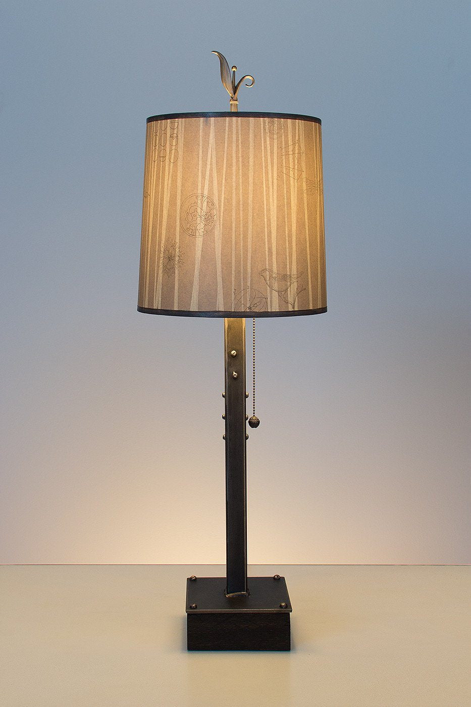 Steel Table Lamp on Wood with Medium Drum Shade in Birch Lines