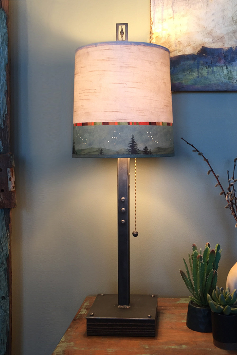 Steel Table Lamp on Wood with Medium Drum Shade in Birch Midnight