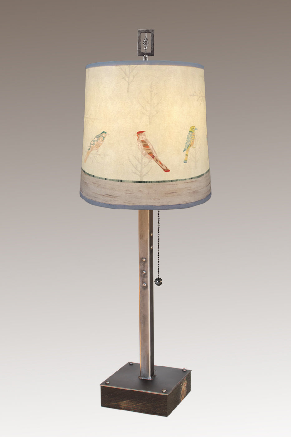 Janna Ugone &amp; Co Table Lamps Steel Table Lamp on Wood with Medium Drum Shade in Bird Friends