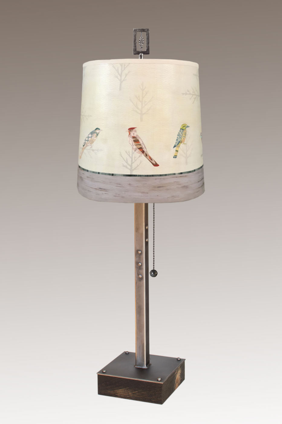 Steel Table Lamp on Wood with Medium Drum Shade in Bird Friends