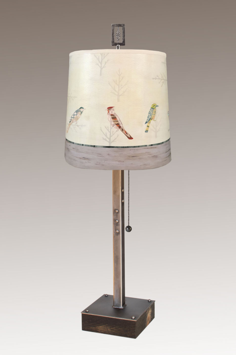 Janna Ugone & Co Table Lamps Steel Table Lamp on Wood with Medium Drum Shade in Bird Friends