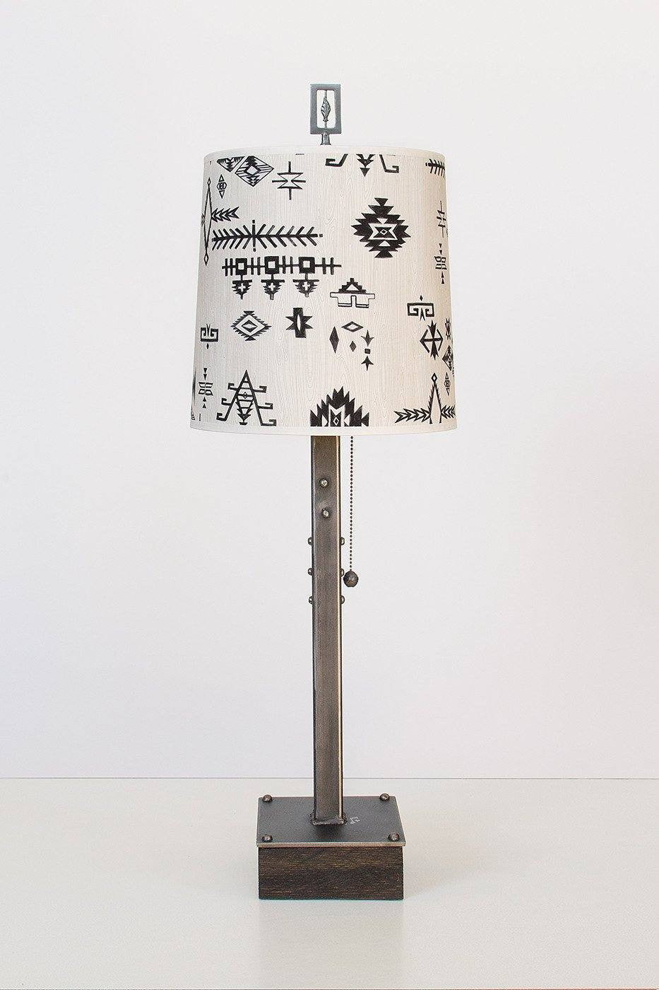 Janna Ugone & Co Table Lamps Steel Table Lamp on Wood with Medium Drum Shade in Blanket Sketch