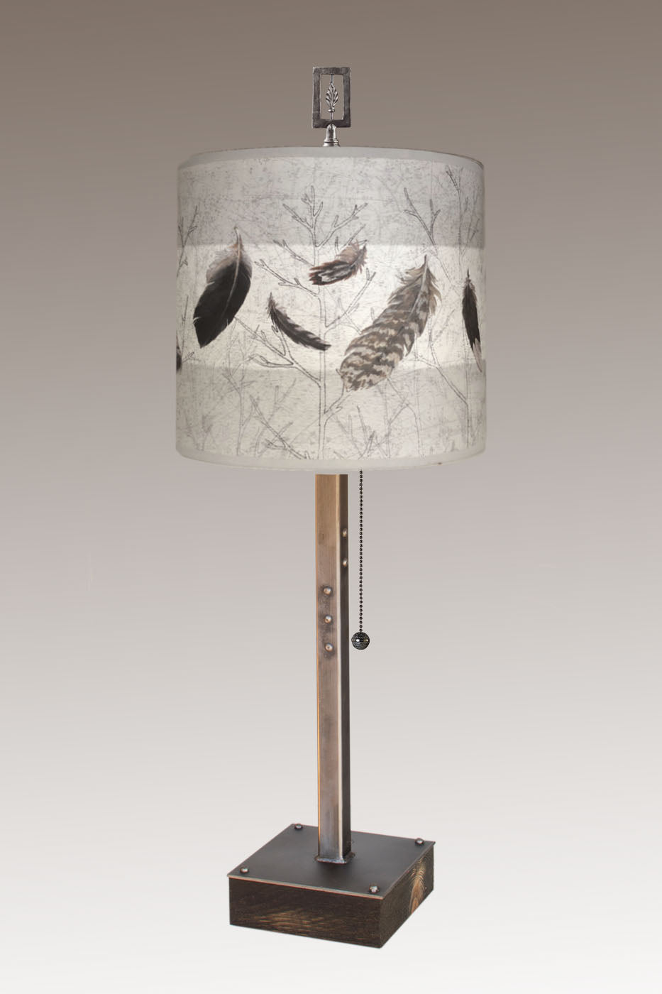 Janna Ugone & Co Table Lamps Steel Table Lamp on Wood with Medium Drum Shade in Feathers in Pebble