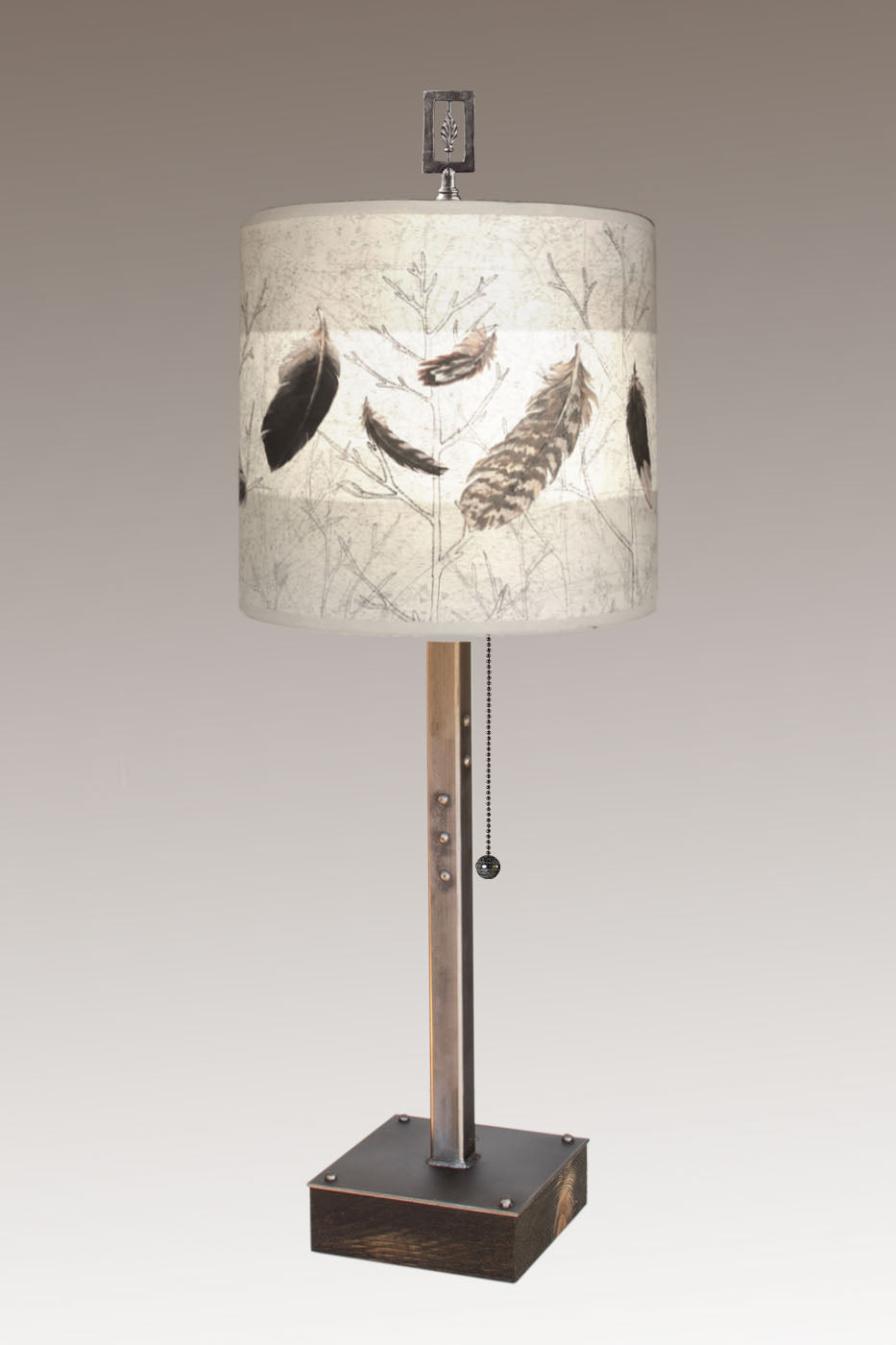 Steel Table Lamp on Wood with Medium Drum Shade in Feathers in Pebble