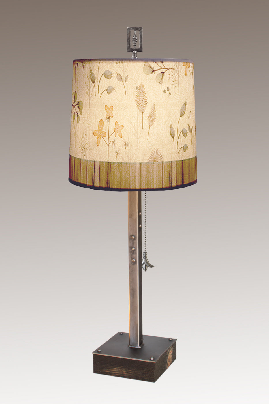 Janna Ugone &amp; Co Table Lamps Steel Table Lamp on Wood with Medium Drum Shade in Flora &amp; Maze