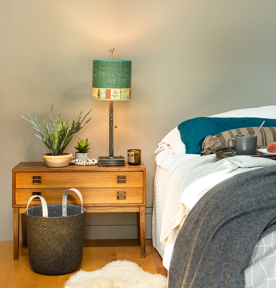 Janna Ugone & Co Table Lamps Steel Table Lamp on Wood with Medium Drum Shade in Melody in Jade