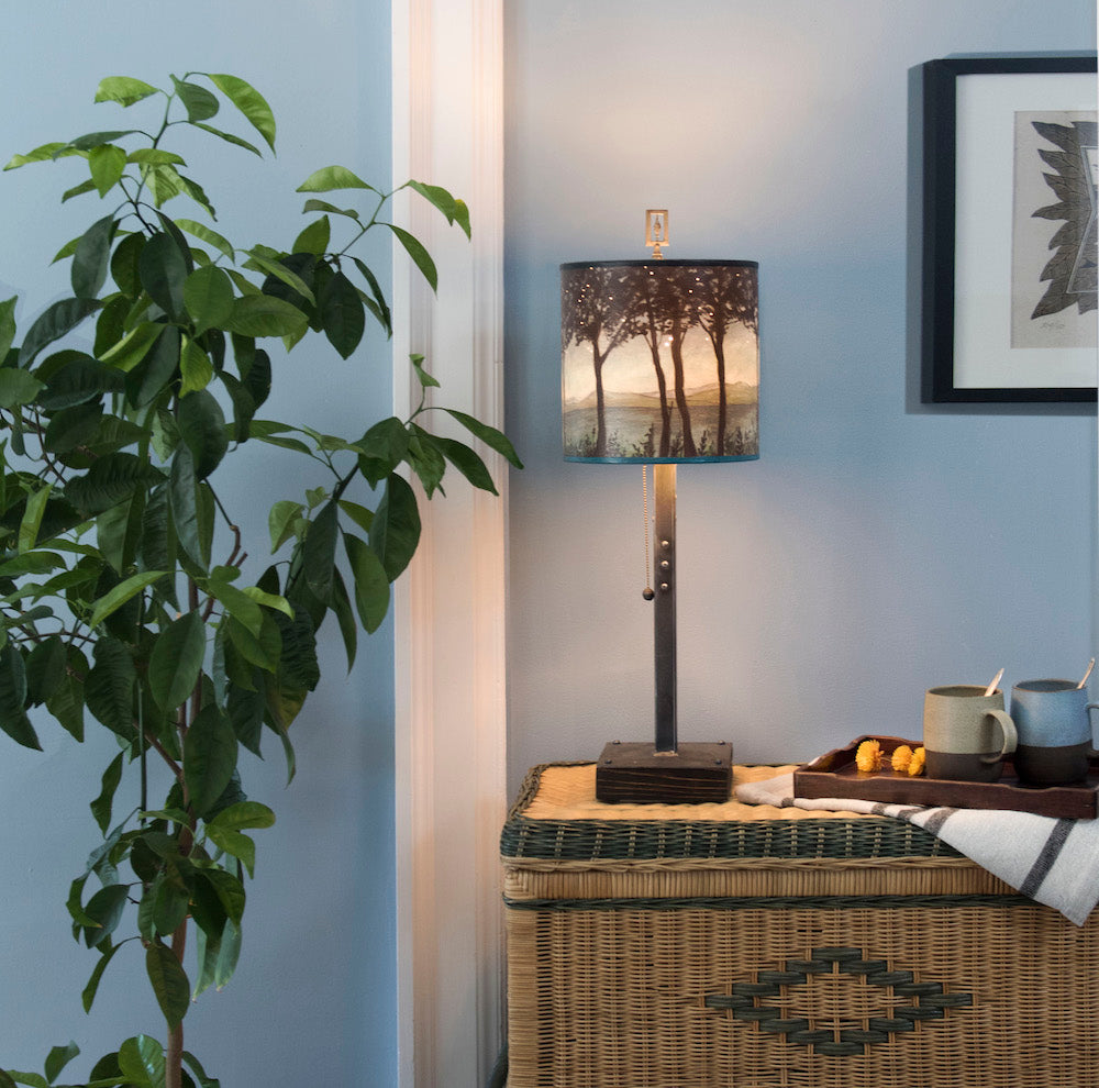 Steel Table Lamp on Wood with Medium Drum Shade in Twilight