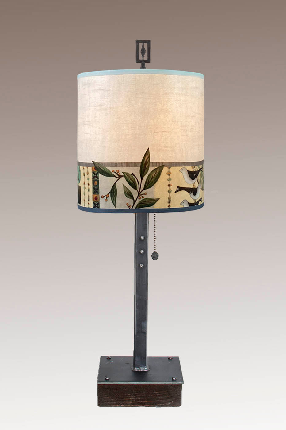 Janna Ugone &amp; Co Table Lamp Steel Table Lamp on Wood with Medium Drum Shade in New Capri Opal