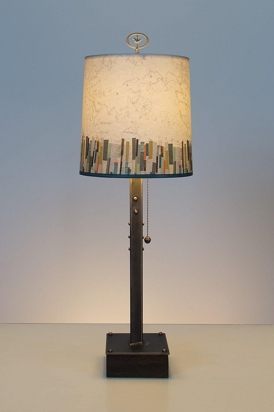 Steel Table Lamp on Wood with Medium Drum Shade in Papers Edge