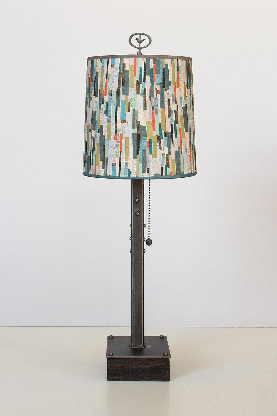 Steel Table Lamp on Wood with Medium Drum Shade in Papers