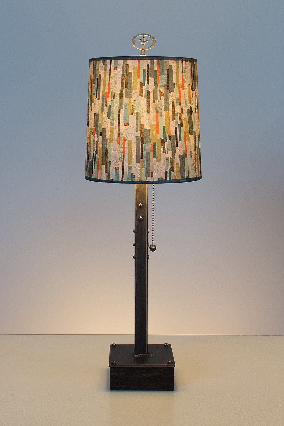 Janna Ugone & Co Table Lamps Steel Table Lamp on Wood with Medium Drum Shade in Papers