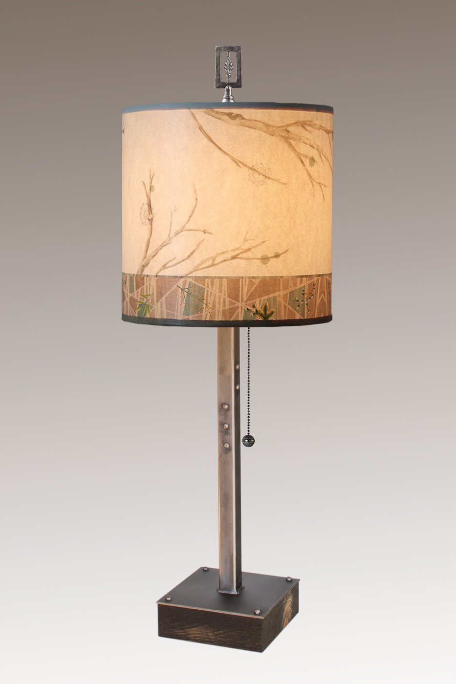 Janna Ugone &amp; Co Table Lamps Steel Table Lamp on Wood with Medium Drum Shade in Prism Branch