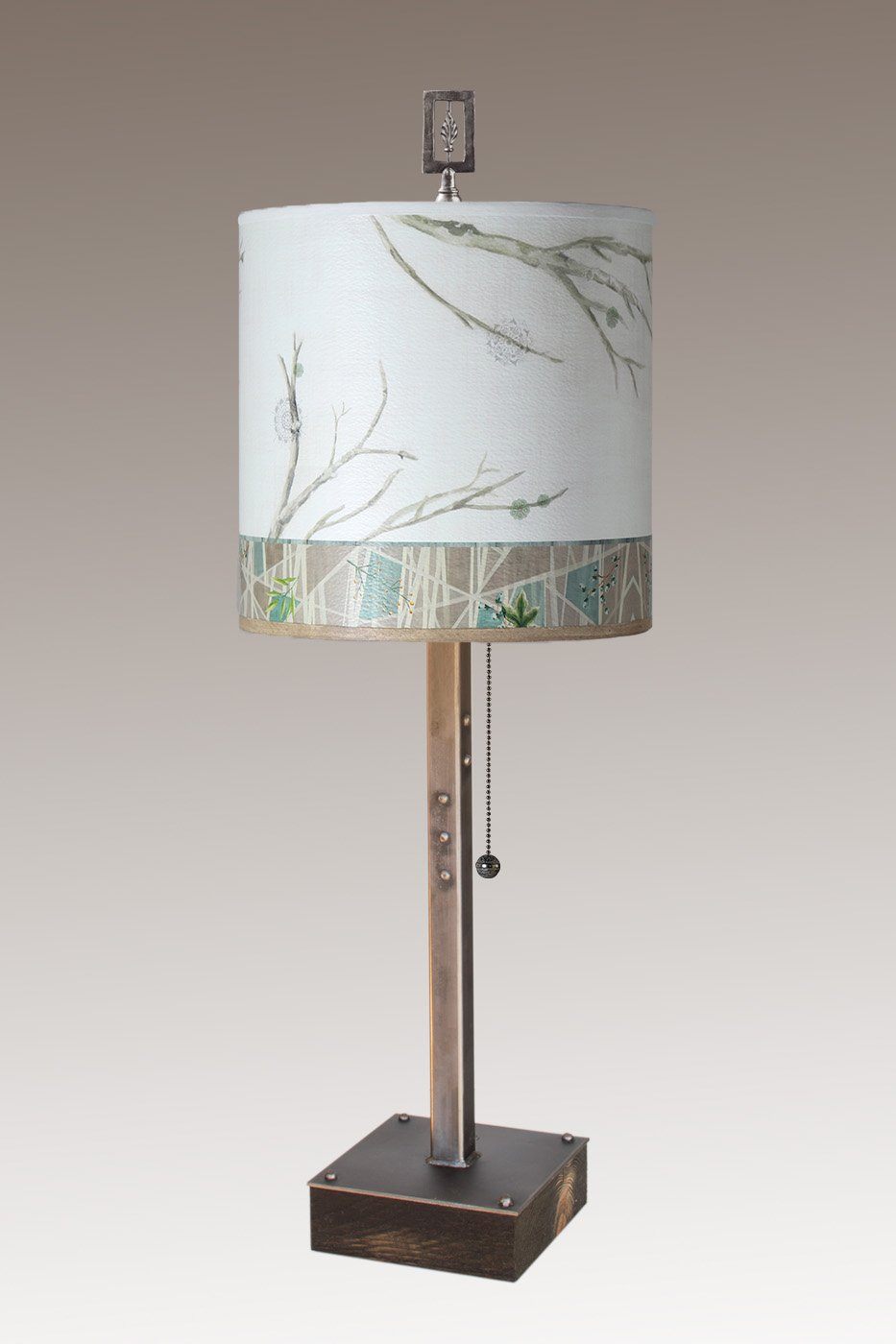 Janna Ugone & Co Table Lamps Steel Table Lamp on Wood with Medium Drum Shade in Prism Branch