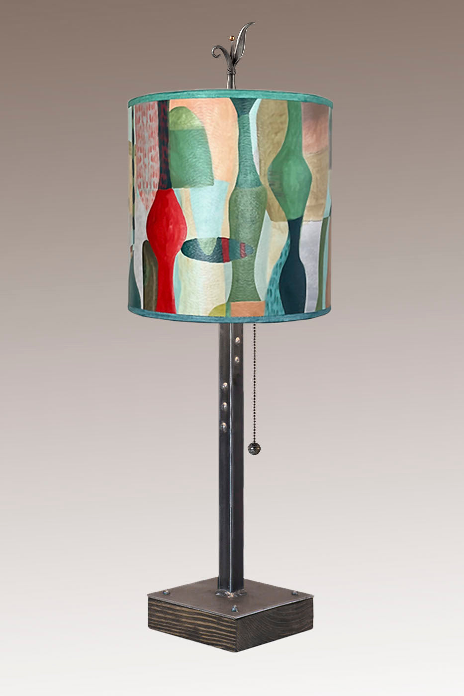 Steel Table Lamp on Wood with Medium Drum Shade in Riviera in Poppy