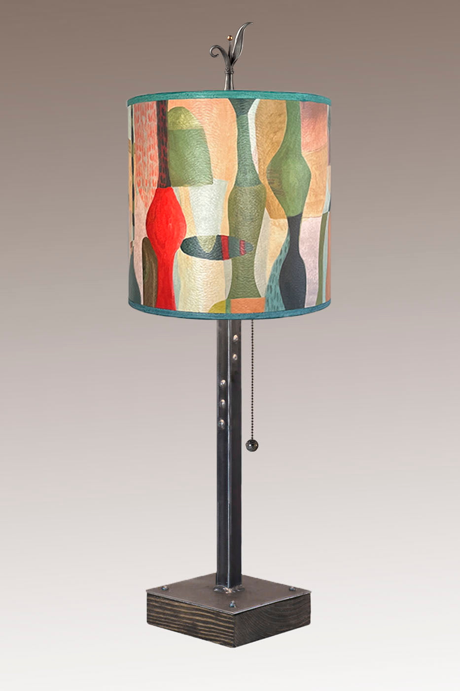 Janna Ugone & Co Table Lamp Steel Table Lamp on Wood with Medium Drum Shade in Riviera in Poppy