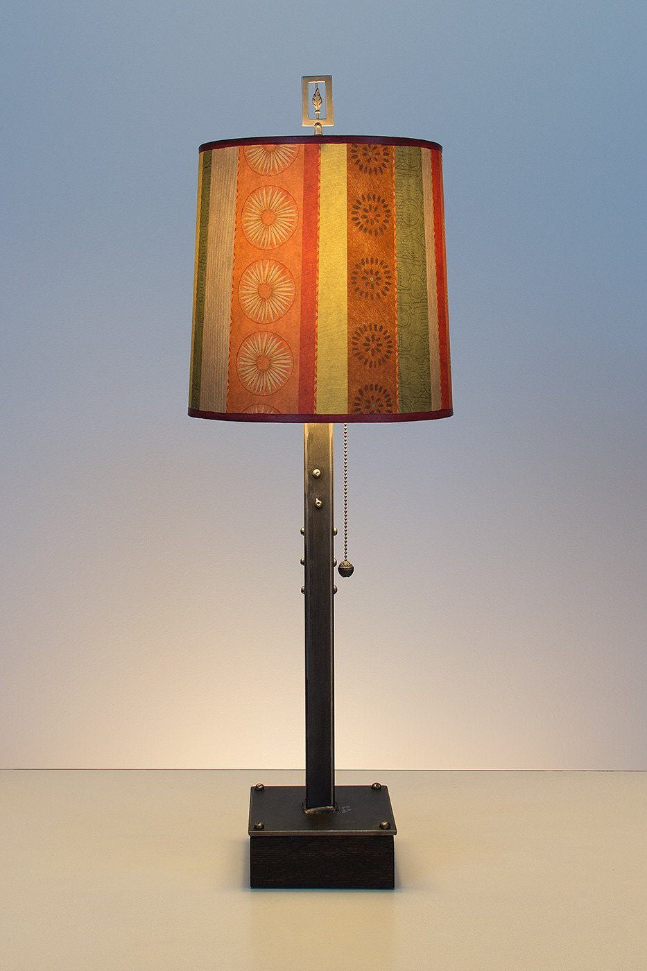 Steel Table Lamp on Wood with Medium Drum Shade in Serape